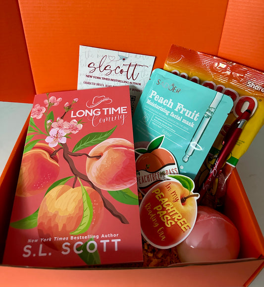 Long Time Coming Peaches Book Box (Signed Long Time Coming Special Edition, Korean Skincare Lotion (Peach-shaped & Scented), Peach Korean Skincare Face Mask, S.L. Scott Pen, 3 Long Time Coming Stickers, Peach Gummies, Peach Tea)